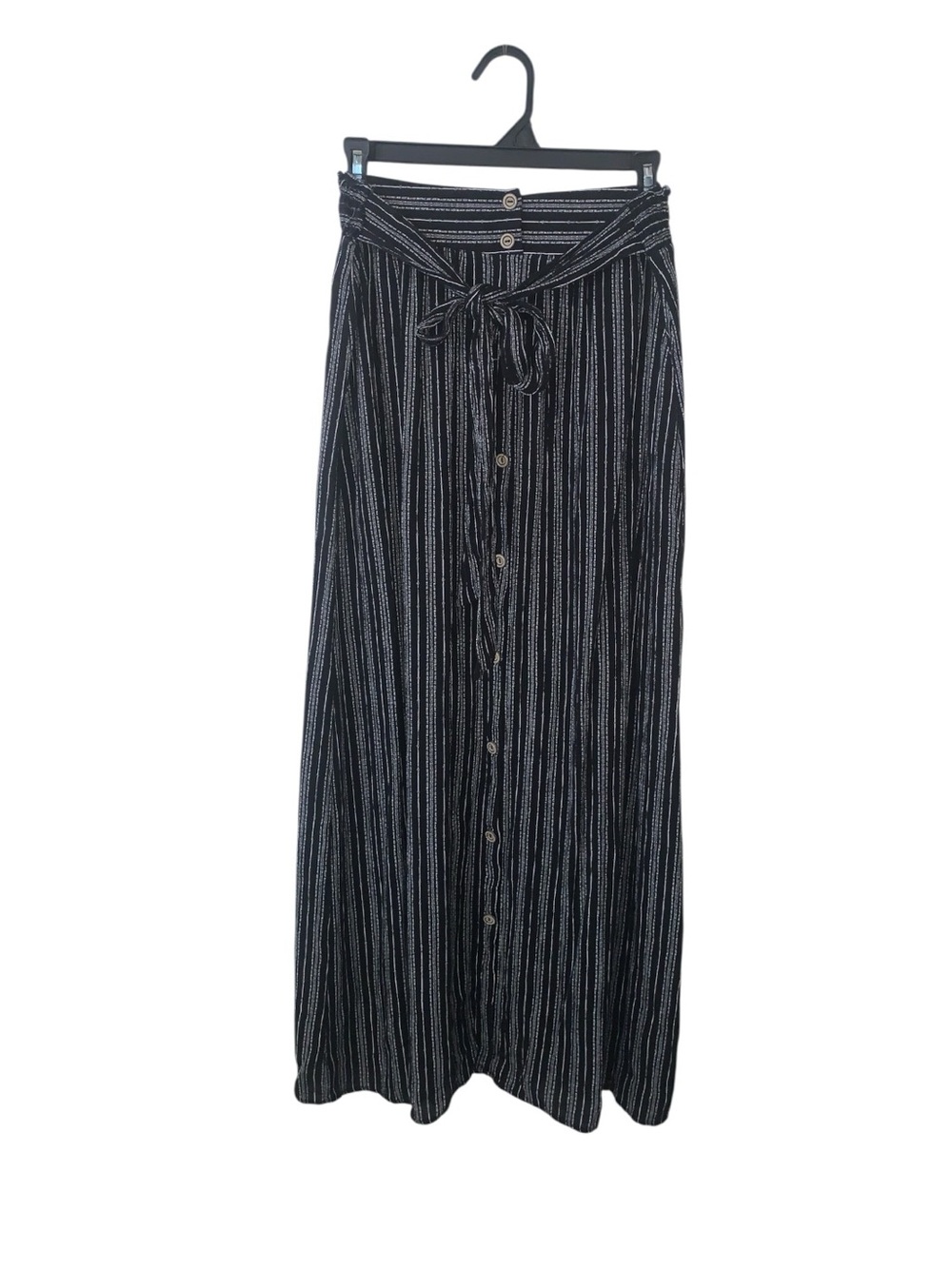 Emberley Striped Tie-Waist Button Down Maxi Skirt Black White